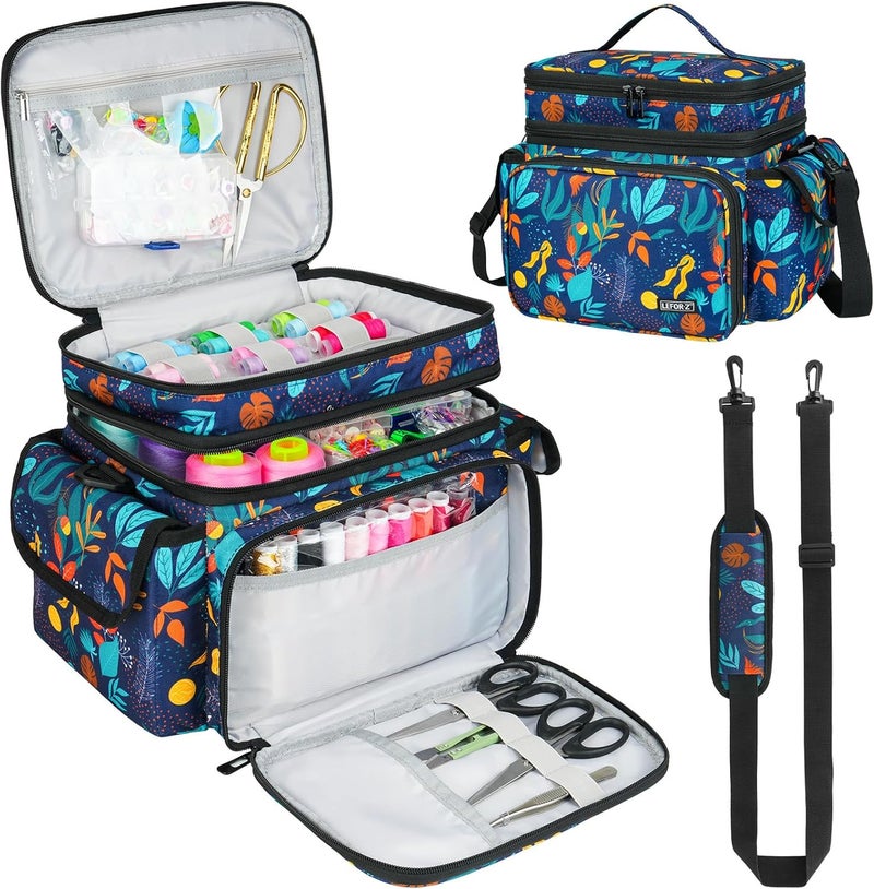 LEFORZ Sewing Supplies Organizer,Double-Layer Sewing Accessories Storage Bag,Protable Travel Sewing Box Sewing Basket for Sewing Tools,Leaf Pattern(Bag Only) - Image 1